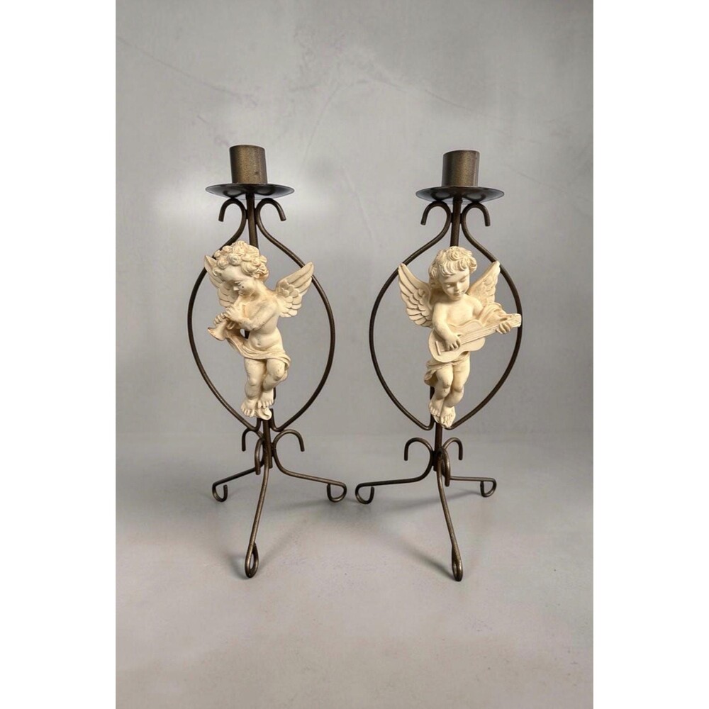 Vintage Musical Cherub Candle Holders x2 Wrought Iron & Resin Angel Candlesticks